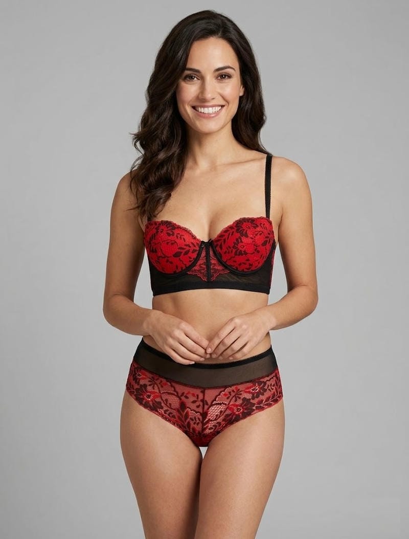 Ensemble push bicolore et shorty en dentelle - Rouge