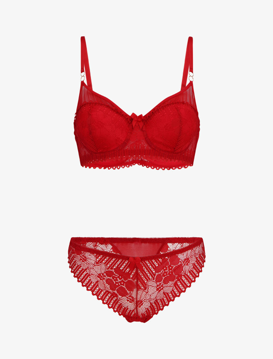 Ensemble soutien-gorge et string en dentelle - Rouge - 1