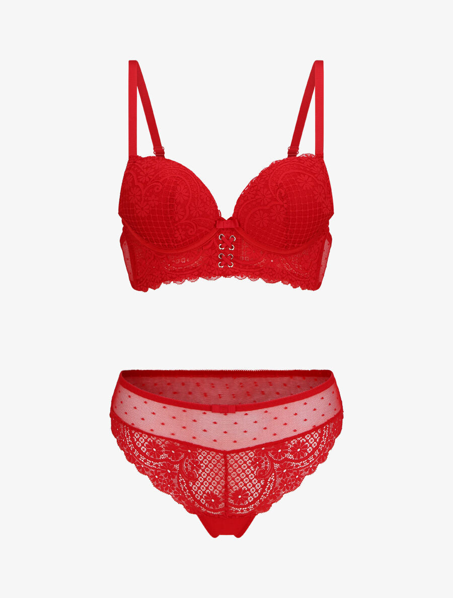Ensemble soutien-gorge et tanga en dentelle - Rouge - 1