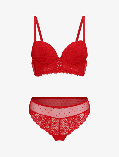 Ensemble soutien-gorge et tanga en dentelle - Rouge - 1