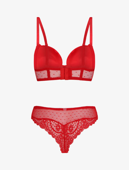 Ensemble soutien-gorge et tanga en dentelle - Rouge - 2