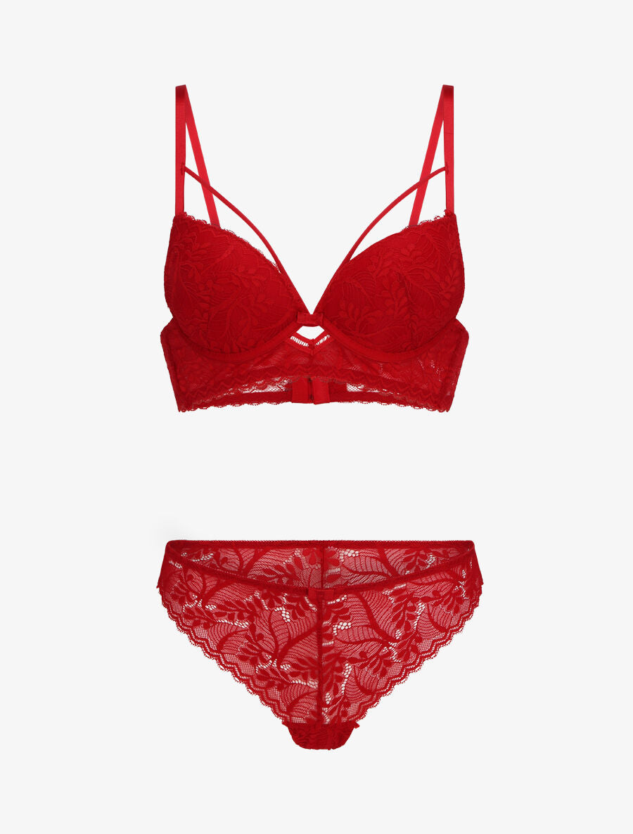 Ensemble lingerie en dentelle à liens - Rouge - 1