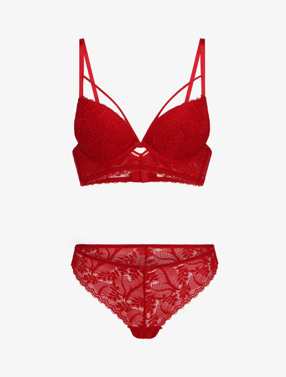 Ensemble lingerie en dentelle à liens - Rouge - 1
