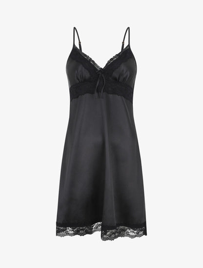 Nuisette unie à dentelle effet satiné - Noir - 4