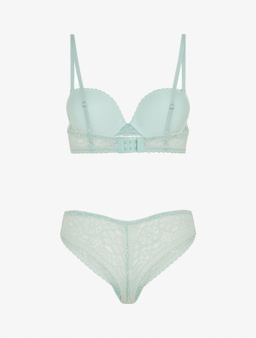 Ensemble soutien-gorge et tanga ajouré et bijoux strassé - Vert d&
