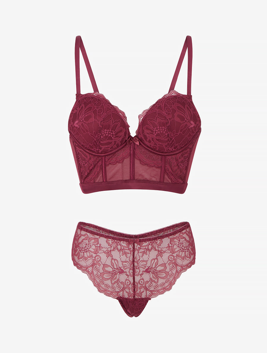 Ensemble lingerie style corset à dentelle fleurie - Prune - 1