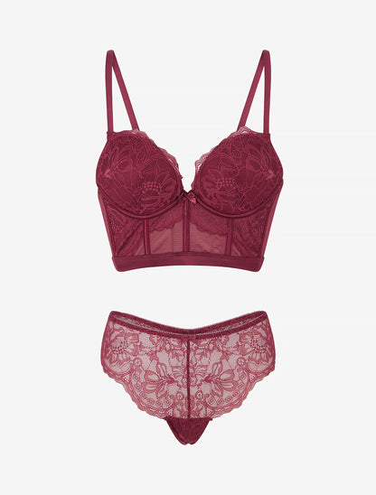 Ensemble lingerie style corset à dentelle fleurie - Prune - 1