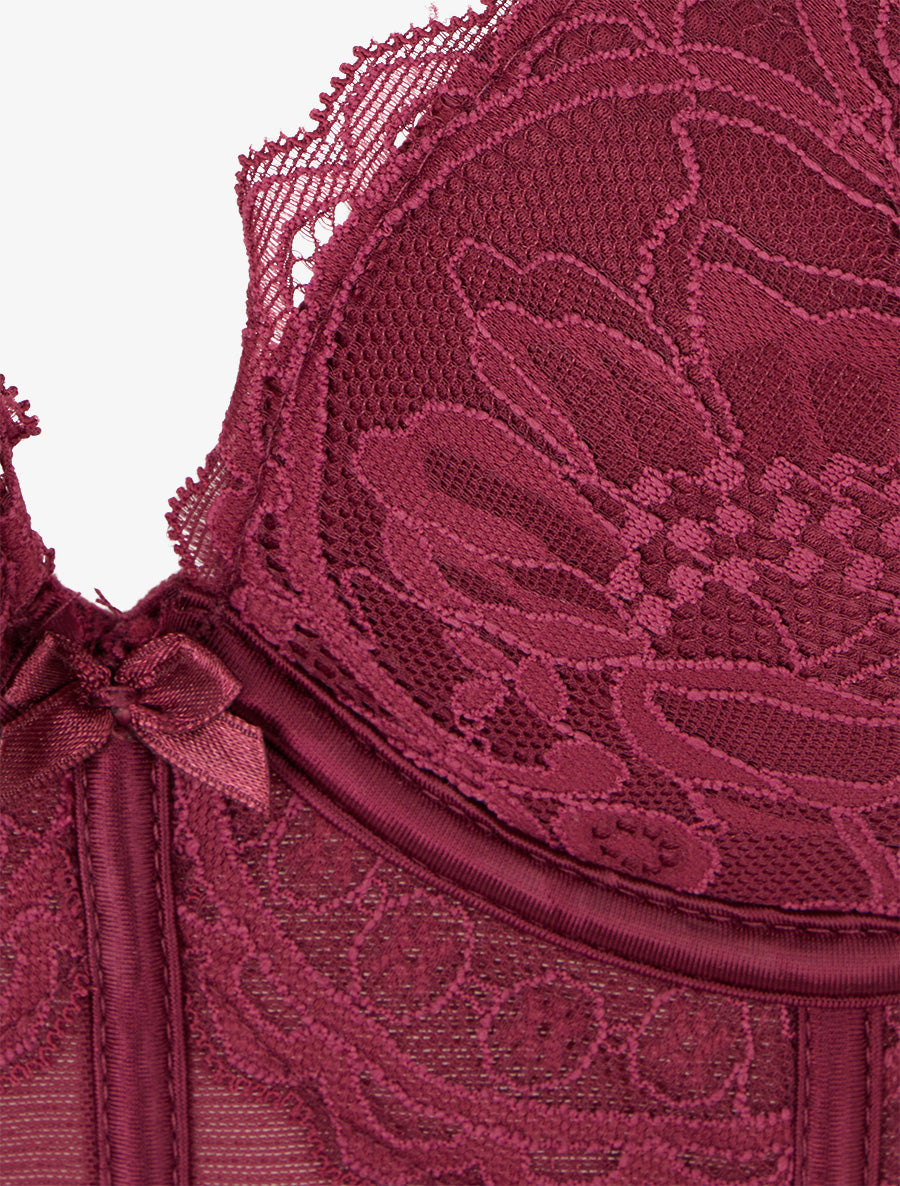 Ensemble lingerie style corset à dentelle fleurie - Prune - 3