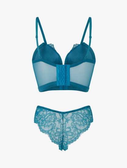 Ensemble lingerie style corset à dentelle fleurie - Bleu canard - 2