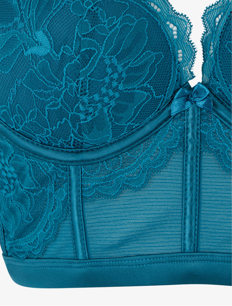Ensemble lingerie style corset à dentelle fleurie - Bleu canard - 3