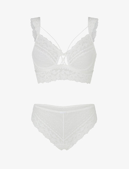 Ensemble lingerie en dentelle à liens - Blanc - 1