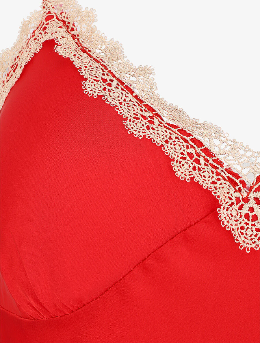Ensemble caraco et short de pyjama satiné à dentelle - Rouge - 3