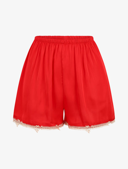 Ensemble caraco et short de pyjama satiné à dentelle - Rouge - 4