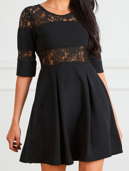 Robe patineuse à empiècements dentelle - Noir - 1