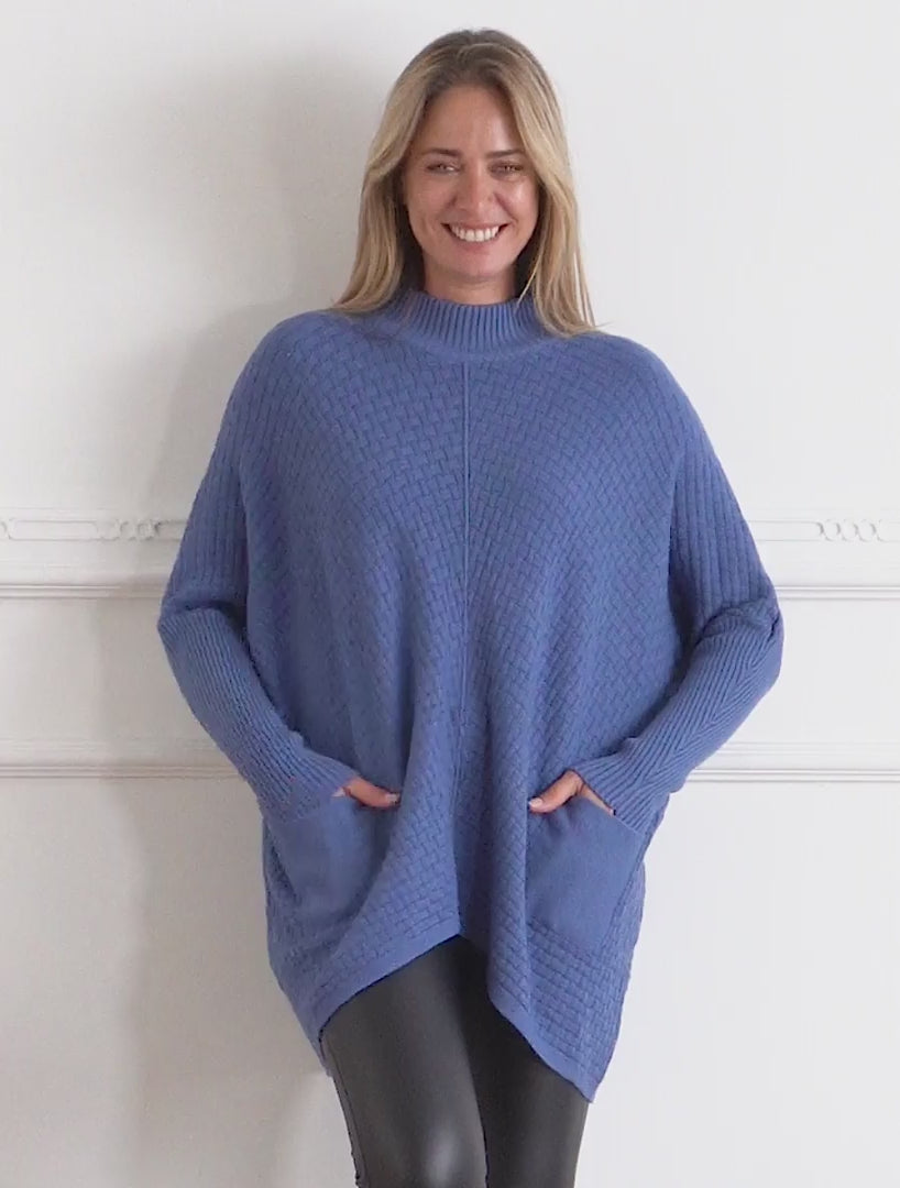 Poncho asymétrique à col montant - Bleu