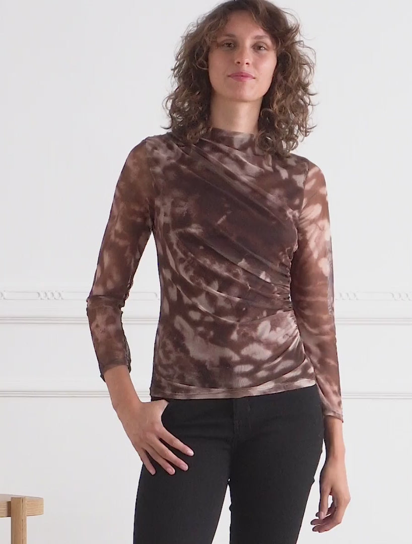 Top imprimé graphique en tulle - Marron
