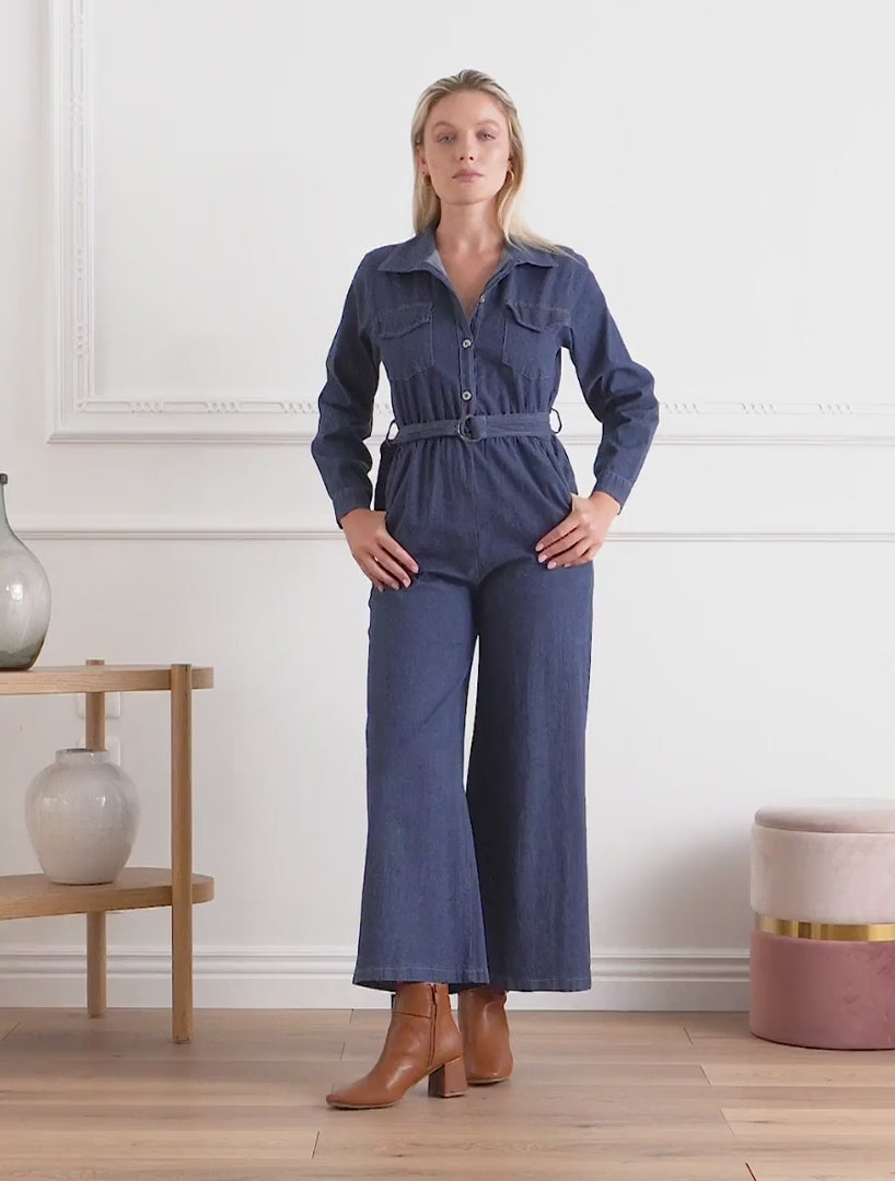 Combinaison en denim à taille élastiquée - Bleu denim