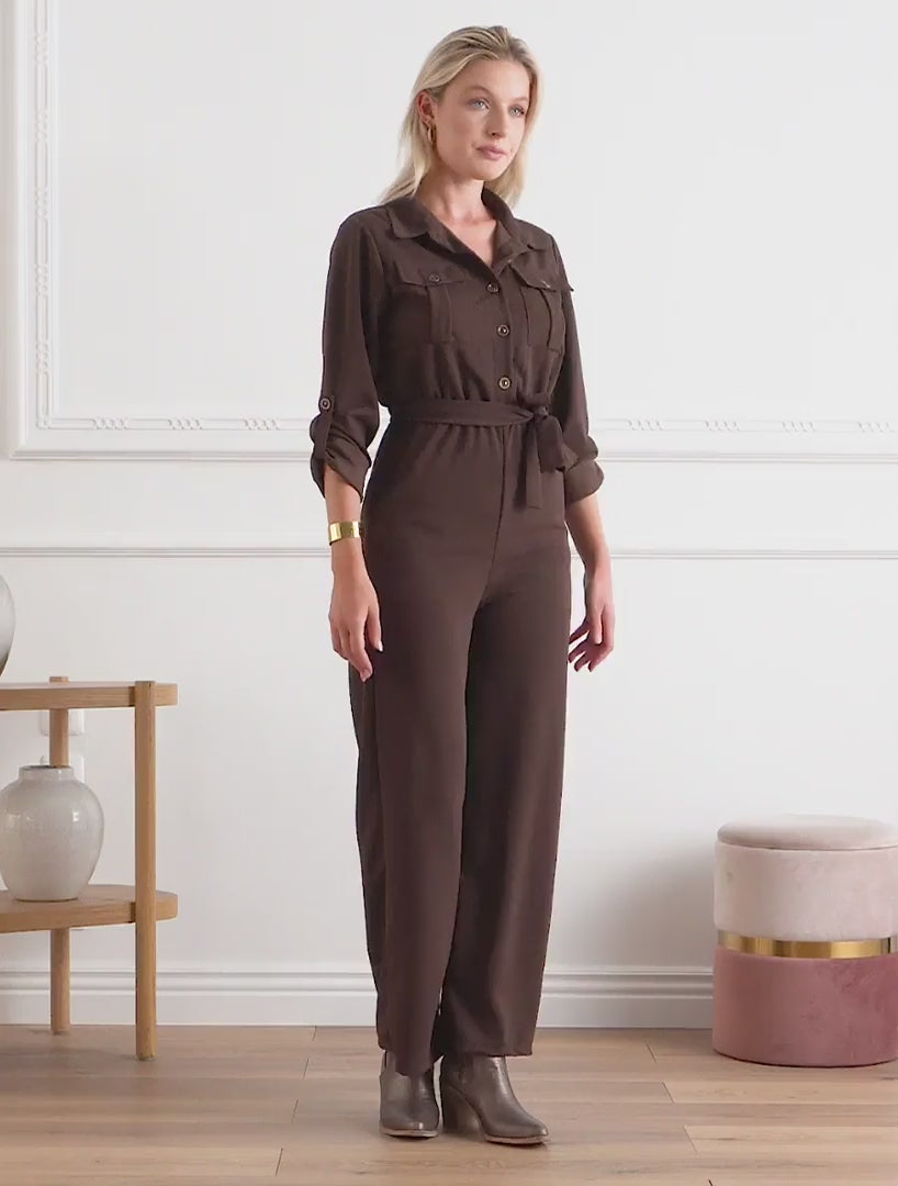 Effen combinatie met elastische taille - Bruin